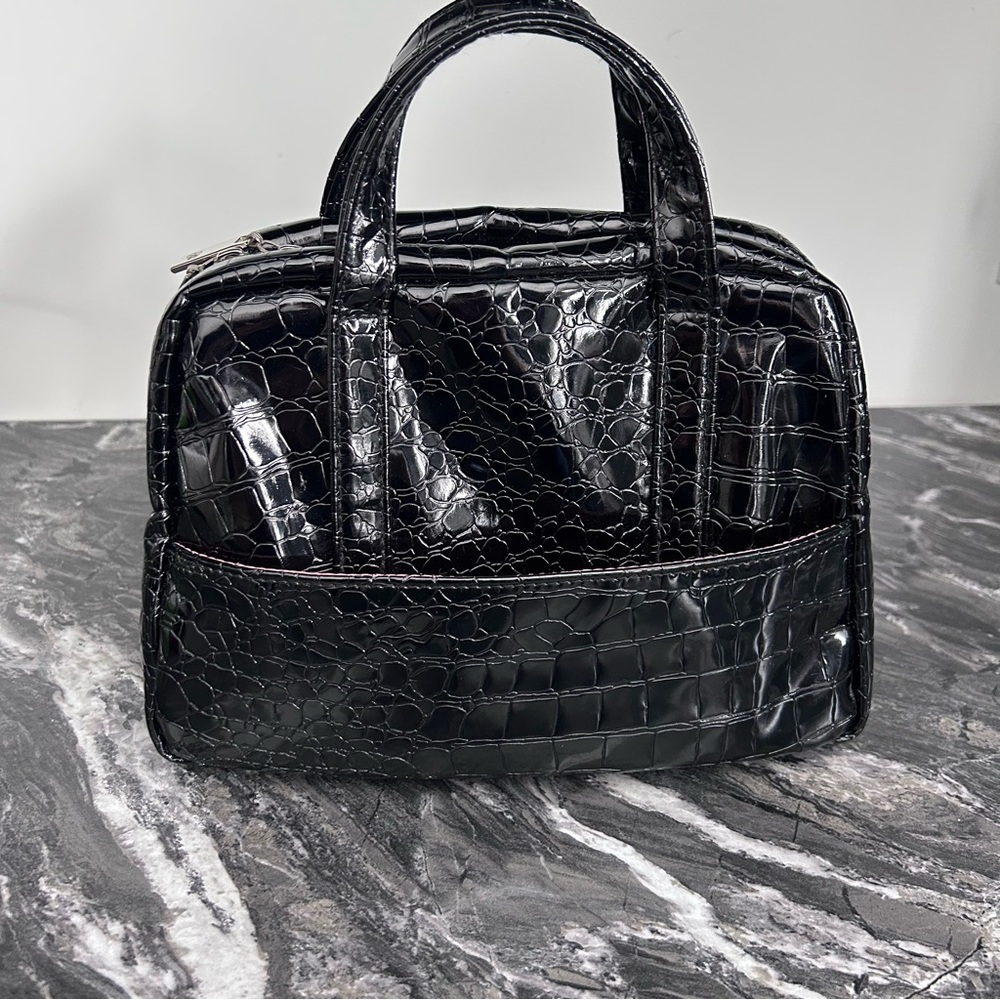 Elegant Black Crocodile-Embossed Make Up Bag